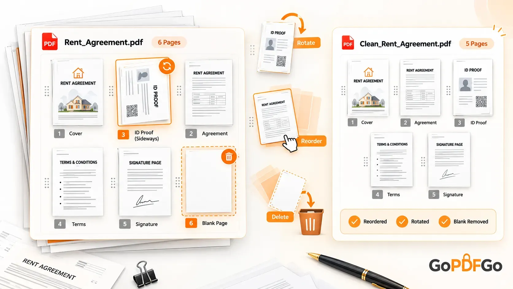 Organize PDF Pages: Fix a Messy Scan on One Screen (Reorder, Rotate, Delete)